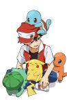  1boy bangs baseball_cap black_hair blue_pants bulbasaur charmander hat jacket lower_teeth male_focus on_head open_clothes open_jacket open_mouth pants pikachu pokemon pokemon_(creature) pokemon_(game) pokemon_on_head pokemon_rgby red_(pokemon) red_headwear shirt shoes short_hair short_sleeves sitting spiked_hair squirtle starter_pokemon_trio teeth tongue white_footwear yoko.u 