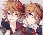  2boys azuma_(azuma10270724) bangs black_gloves blue_eyes brown_hair closed_mouth commentary_request crossed_bangs dual_persona earrings genshin_impact gloves grey_background grin hair_between_eyes heart jacket jewelry looking_at_viewer male_focus mask mask_on_head multiple_boys one_eye_closed portrait purple_eyes red_scarf scarf simple_background single_earring smile tartaglia_(genshin_impact) twitter_username watermark 