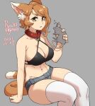  1girl abs agawa_ryou animal animal_ear_fluff animal_ears arm_support artist_name bangs bare_shoulders bikini bikini_top black_bikini breasts brown_hair cat_ears cat_tail cleavage collar collarbone commentary dated denim denim_shorts english_commentary feet_out_of_frame flipped_hair grey_background groin hand_up holding holding_animal invisible_chair large_breasts long_hair looking_at_viewer mouse navel numbered open_mouth original parted_lips red_collar short_shorts shorts sideboob simple_background sitting slit_pupils solo swept_bangs swimsuit tail thighhighs wavy_hair white_legwear yellow_eyes 