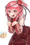  1girl :3 absurdres bee black_bow bow brown_eyes bug clothing_cutout dress eyebrows_visible_through_hair flower hair_flower hair_ornament highres keureu_(tiqkdtiqkd10) leaning_forward nijisanji nijisanji_en open_clothes paw_pose pink_hair plant red_dress red_flower red_rose rose rosemi_lovelock short_sidetail shoulder_cutout smile solo thorns tongue tongue_out vines virtual_youtuber white_background white_flower white_rose 