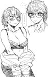  1girl bangs bra breasts cleavage earrings eyebrows_visible_through_hair flying_sweatdrops glasses greyscale haiokumantan highres jewelry looking_at_viewer monochrome multiple_views original ponytail simple_background skirt sweat underwear white_background 