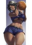  1girl absurdres bangs bare_shoulders basketball black_hair blue_shorts blue_tank_top blush breasts crop_top crop_top_overhang dark-skinned_female dark_elf dark_skin earrings elf grey_eyes highres jewelry large_breasts looking_at_viewer navel original packge parted_lips pointy_ears short_hair short_shorts shorts solo tank_top thighs underboob wide_hips 