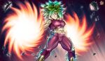  abs blue_eyes breasts crop_top debris dragon_ball dragon_ball_super earrings fangs glowing glowing_eyes green_hair grin highres jewelry kefla_(dragon_ball) large_breasts muscular muscular_female potara_earrings redrawn smile solo spiked_hair the_golden_smurf thick_thighs thighs 