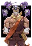  1boy arms_at_sides bandaged_hand bandages bara bare_pectorals bare_shoulders cowboy_shot dark-skinned_male dark_skin ear_piercing extra_arms helmet highres looking_at_viewer male_focus muscular muscular_male nipples pectorals piercing sash scar scar_on_chest shiva_(housamo) solo straight-on tofu_(tofulabo) tokyo_afterschool_summoners 