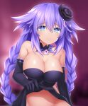  1girl black_dress blue_eyes blush braid breasts cleavage clothes_lift dress dress_lift elbow_gloves gloves hair_ornament highres katade large_breasts lifted_by_self long_hair looking_at_viewer navel neptune_(series) purple_hair purple_heart solo symbol-shaped_pupils twin_braids very_long_hair 
