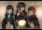  3girls absurdres bangs belt beltbra black_gloves black_hair black_jacket black_sports_bra blue_belt blue_eyes blue_hair blunt_bangs blush breasts chain chest_belt closed_mouth clothing_cutout commentary copyright_name cropped_jacket cross-laced_sleeves demon_girl demon_horns demon_tail earrings eyebrows_visible_through_hair fang flat_chest gloves heart highres horns jacket jewelry kojo_anna large_breasts letterboxed long_hair long_sleeves looking_at_viewer medium_breasts midriff multicolored_hair multiple_girls navel open_clothes open_jacket pointy_ears purple_hair red_eyes red_hair ryugasaki_rene sankyo_(821-scoville) shishio_chris short_hair shoulder_cutout smile sports_bra sugar_lyric tail twintails two-tone_hair underboob upper_body virtual_youtuber yellow_eyes 