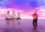  1girl 3boys bare_legs barefoot black_pants blonde_hair bob_cut bow bowtie brown_hair character_name chiroru collared_shirt dated dress_shirt english_text facing_viewer fujiyama_arashi gradient_sky habataki_academy_uniform hand_in_pocket happy_birthday highres holding holding_phone horizon jacket japanese_flag light_particles long_sleeves looking_to_the_side medal memory miniskirt multiple_boys niina_junpei ocean older orange_hair pants pants_rolled_up phone pleated_skirt protagonist_(tokimemo_gs3) red_bow red_bowtie red_footwear red_jacket school_uniform shirt shoes short_hair short_sleeves sitting skirt sky smile spiked_hair standing talking_on_phone tokimeki_memorial tokimeki_memorial_girl&#039;s_side_3rd_story white_shirt 