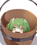  1girl bangs basket eyebrows_visible_through_hair green_eyes green_hair hair_between_eyes hair_bobbles hair_ornament hands_up kisume looking_at_viewer looking_up sasaki_sakiko shadow short_hair short_twintails simple_background sitting solo touhou twintails white_background 