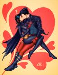  1boy 1girl 2dswirl artist_name batgirl batman_(series) belt black_cape black_hair black_jacket blue_bodysuit bodysuit boots breasts cape cassandra_cain closed_eyes clothes_grab commentary commission couple dc_comics earrings english_commentary full_body gloves hand_on_another&#039;s_head heart heart_background hetero highres jacket jewelry kiss kon-el open_clothes open_jacket red_bodysuit red_gloves short_hair sitting sitting_on_lap sitting_on_person skin_tight spandex superboy superhero superman_(series) undercut utility_belt 