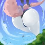  1girl absurdres artist_request ass black_bow black_panties bow cloud crushing fate/grand_order fate_(series) fox_girl fox_tail giant giantess highres huge_ass koyanskaya_(fate) leotard panties pantyhose pink_hair sky source_request tail tamamo_(fate) thong tree twintails underwear white_legwear 