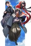  1girl 2boys black_eyes black_hair facial_hair fate/grand_order fate_(series) hair_over_one_eye hakama highres jacket japanese_clothes katana kimono lack long_hair multiple_boys okada_izou_(fate) orange_eyes oryou_(fate) pink_eyes ponytail red_jacket sakamoto_ryouma_(fate) scarf smile stubble sword v weapon wide_sleeves 