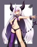  1girl ahoge bangs bikini black_bikini braid breasts closed_mouth collar commentary crow_(la+_darknesss) cuffs demon_girl demon_horns frilled_bikini frills grey_hair groin hand_on_hip highres hololive horns la+_darknesss legs_apart long_hair looking_at_viewer metal_collar multicolored_hair navel notte orange_eyes outstretched_arm outstretched_hand pointy_ears purple_hair purple_legwear sidelocks single_thighhigh small_breasts standing stomach streaked_hair striped_horns swimsuit thighhighs underboob very_long_hair virtual_youtuber white_background 