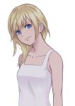  1girl armpit_crease bare_shoulders blonde_hair blue_eyes breasts closed_mouth collarbone dress highres kingdom_hearts kingdom_hearts_ii kusadori long_hair looking_at_viewer namine simple_background smile solo white_background white_dress 