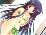  1girl ayanokouji_sayaka bangs bikini blush bow collarbone covering covering_breasts crossed_arms eyebrows_visible_through_hair floating_hair game_cg green_bow halterneck idol_revolution long_hair looking_at_viewer official_art parted_lips purple_hair red_eyes sarong shiny shiny_hair solo straight_hair swimsuit very_long_hair yellow_bikini yuki_usagi 