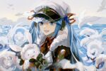  ._. 1girl 1other ama_(user_sppy7747) binoculars black_coat black_gloves black_necktie bunny chinese_commentary coat commentary day film_grain fur-trimmed_coat fur-trimmed_hood fur_trim gloves grey_sky hair_ribbon hat hatsune_miku highres hood hood_up jacket light_blue_eyes light_blue_hair long_hair military military_uniform naval_uniform necktie no_nose ocean open_mouth outdoors peaked_cap rabbit_yukine red_ribbon red_shirt ribbon shirt smile twintails uniform upper_body very_long_hair vocaloid wavy_hair white_bird white_headwear white_jacket yuki_miku yuki_miku_(2022) 