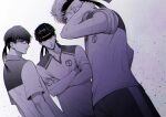  3boys arm_up bangs chiroru covered_mouth crossed_arms dutch_angle fujiyama_arashi glasses habataki_academy_uniform hair_slicked_back headband jewelry konno_tamao looking_at_viewer male_focus monochrome multiple_boys parted_lips purple_theme ring sakurai_kouichi short_hair short_sleeves sleeves_rolled_up spot_color tokimeki_memorial tokimeki_memorial_girl&#039;s_side_3rd_story uneven_eyes white_background 