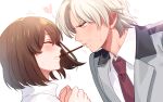  1boy 1girl bangs blazer blush bob_cut closed_eyes collared_shirt dutch_angle embarrassed face-to-face facing_another food food_in_mouth from_side grey_jacket heart hetero highres jacket looking_at_another mouth_hold necktie pocky pocky_kiss portrait profile protagonist_(tokimemo_gs2) red_necktie saeki_teru school_uniform shared_food shirt short_hair simple_background sweat tenryou_sena tokimeki_memorial tokimeki_memorial_girl&#039;s_side_2nd_kiss trembling white_background white_hair white_shirt 