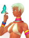  1girl absurdres artist_name bikini blue_eyes bracelet breasts bug butterfly butterfly_on_hand dark-skinned_female dark_skin earrings elena_(street_fighter) english_commentary highres jewelry making-of_available neck_ring quasimodox short_hair silver_hair solo street_fighter street_fighter_iii_(series) swimsuit upper_body white_bikini 