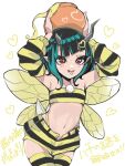  1girl alternate_costume arthropod_girl bandeau bangs bee_girl black_bandeau black_hair black_legwear black_sleeves blue_hair blush commentary_request cowboy_shot demon_horns detached_sleeves fang flat_chest heart highres honey honeypot horns insect_wings looking_at_viewer medium_hair navel open_mouth panyatteria pointy_ears red_eyes shishio_chris shorts simple_background smile solo stinger striped striped_bandeau striped_legwear striped_shorts striped_sleeves sugar_lyric thighhighs tongue tongue_out translation_request virtual_youtuber white_background wings yellow_bandeau yellow_legwear yellow_sleeves 