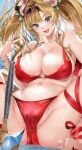  1girl bare_shoulders bikini blonde_hair blue_eyes bracelet breasts cleavage eyewear_on_head granblue_fantasy highres jewelry large_breasts navel open_mouth red_bikini shino_(comic_penguin_club) sitting spread_legs swimsuit thighs twintails v zeta_(granblue_fantasy) 