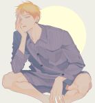  1boy a8fsk6214 blonde_hair blue_pajamas buttons commentary_request ear_piercing hand_on_own_face kise_ryouta kuroko_no_basuke male_focus one_eye_closed pajamas parted_lips piercing pocket sitting solo striped striped_pajamas yellow_eyes 