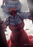  1girl blood blood_on_clothes blue_nails christmas commentary eyebrows_visible_through_hair freyja_(vtuber) highres indie_virtual_youtuber mask mouth_mask red_eyes relentless snow virtual_youtuber white_hair yandere 