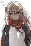  bangs blue_eyes character_name commentary_request crossed_bangs e_sky_rugo eyebrows girls&#039;_frontline grey_jacket half-closed_eyes head_tilt highres jacket long_hair looking_at_viewer pink_hair red_shawl shawl shirt side_ponytail sidelocks simple_background sketch smile st_ar-15_(girls&#039;_frontline) white_background white_shirt 