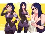  1girl arcane:_league_of_legends bandage_on_face bandaged_arm bandages blue_eyes blushy-pixy breasts caitlyn_(league_of_legends) cleavage cropped_legs fingerless_gloves gloves hand_on_hip league_of_legends multiple_views parted_lips ponytail reading short_ponytail smile 