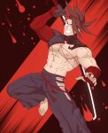  1boy abs absurdres bara danichigo fate/grand_order fate_(series) grin hakama hakama_pants highres japanese_clothes katana looking_at_viewer male_focus mature_male muscular muscular_male pants pectorals red_rope rope smile solo sword tanaka_shinbei_(fate) weapon 
