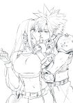  1boy 1girl armor breasts cloud_strife crop_top final_fantasy final_fantasy_vii final_fantasy_vii_remake fingerless_gloves gloves greyscale hetero kiss long_hair low-tied_long_hair midriff monochrome navel short_hair shoulder_armor skirt spiked_hair spykeee1945 surprise_kiss surprised suspender_skirt suspenders tifa_lockhart 