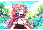  1girl :o absurdres bangs bespectacled black_bow bow braid breasts brown_hair capelet cleavage eyebrows_visible_through_hair flower glasses highres hood hood_up hooded_capelet hydrangea kanino_omiso large_breasts letterboxed looking_at_viewer multicolored_eyes nijisanji parted_lips round_eyewear short_sleeves solo twin_braids upper_body virtual_youtuber warabeda_meijii 
