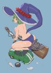  1girl ass back bangs blue_background blue_footwear blue_headwear blue_panties car flower green_hair ground_vehicle hat hat_flower highres motor_vehicle neoartcore original panties red_flower shoes short_hair simple_background solo spider_lily topless underwear witch_hat 