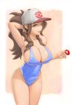  1girl alternate_breast_size areola_slip areolae arm_up armpits bare_shoulders baseball_cap blue_eyes breasts brown_hair cleavage covered_nipples hand_up hat highleg highleg_swimsuit hilda_(pokemon) large_breasts light_smile long_eyelashes long_hair navel one-piece_swimsuit open_mouth pokemon pokemon_(game) pokemon_bw sidelocks simple_background solo swimsuit tied_hair tying_hair very_long_hair yugen99 