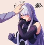  1girl 3_small_spiders absurdres ak-15_(girls&#039;_frontline) belt braid elbow_gloves embarrassed girls&#039;_frontline gloves hair_over_one_eye headpat highres long_hair one_eye_covered purple_eyes silver_hair solo_focus tactical_clothes very_long_hair 