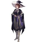  1girl bangs boots breasts bridal_gauntlets brown_eyes brown_hair cape closed_mouth fire_emblem fire_emblem_awakening fire_emblem_heroes full_body glasses hair_ornament hand_on_hip hat highres hirooka_masaki knee_boots long_sleeves looking_at_viewer medium_breasts miriel_(fire_emblem) official_art pants pelvic_curtain semi-rimless_eyewear shiny shiny_hair short_hair smile solo standing tied_hair transparent_background turtleneck wizard_hat 