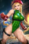  1girl abs bare_legs blonde_hair blue_eyes blurry blurry_background braid breasts cammy_white clenched_hands feet_out_of_frame fingerless_gloves gloves green_leotard hat highleg highleg_leotard holster large_breasts leotard long_hair neoartcore parted_lips red_gloves red_headwear sleeveless smile solo street_fighter thick_thighs thigh_holster thighs thong_leotard twin_braids very_long_hair 