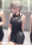  3girls arm_behind_back black_swimsuit blue_eyes blurry blurry_background breasts collarbone commentary eyebrows_visible_through_hair grey_hair jonsun large_breasts looking_to_the_side multiple_girls one-piece_swimsuit original riku_(jonsun) short_hair solo_focus swimsuit twitter_username wet 