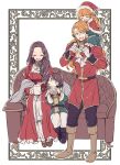  2boys 2girls :d ascot boots brown_hair carrying closed_eyes couch dorothea_arnault dress family father_and_daughter father_and_son ferdinand_von_aegir fire_emblem fire_emblem:_three_houses full_body happy highres if_they_mated indoors long_hair mother_and_daughter mother_and_son multiple_boys multiple_girls orange_eyes orange_hair piggyback red_dress sitting smile standing tenjin_(ahan) 