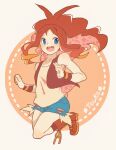  1girl aoya_(ayoyame18) blue_eyes brown_hair denim denim_shorts full_body high_ponytail hilda_(pokemon) long_hair open_mouth pokemon pokemon_(game) pokemon_bw ponytail short_shorts shorts smile solo vest wristband 