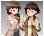  2girls :t bangs belt black_belt border bottle braid braided_ponytail brown_coat brown_hair casual closed_mouth coat commentary earrings eating facing_another food girls_und_panzer grey_background hair_ornament hair_over_shoulder hairclip highres holding holding_bottle holding_food isobe_noriko jewelry long_hair long_sleeves multiple_girls open_clothes open_coat outline outside_border rukuriri_(girls_und_panzer) shirt short_hair single_braid smile soda_bottle standing striped striped_shirt swimsuit tanutika white_border white_outline white_shirt white_swimsuit 