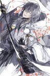  1boy akimitsu_(penguinquartet) armor gloves haori haori_himo highres holding holding_sword holding_weapon japanese_clothes katana kimono silver_hair solo sword touken_ranbu tsurumaru_kuninaga weapon yukata 