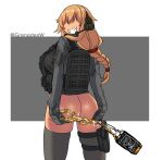  absurdres alcohol ass blonde_hair body_armor braid braided_ponytail convenient_censoring earphones gloves grey_jacket highres holster holstered_weapon invader jacket load_bearing_vest military_operator original plate_carrier presenting tactical_clothes thigh_strap thighhighs whiskey whiskey_project 