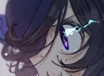  1girl black_hair blue_headwear blurry close-up commentary_request depth_of_field face flaming_eye from_side hat highres purple_eyes rice_shower_(umamusume) solo sweat tenoo12 umamusume 