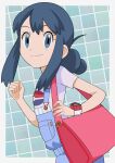  1girl bag bangs black_hair border buttons clenched_hand closed_mouth commentary_request dawn_(pokemon) eyelashes grey_eyes hainchu handbag highres long_hair looking_to_the_side outside_border overalls pokemon pokemon_(game) pokemon_bdsp poketch purple_shirt shirt short_sleeves sidelocks smile solo split_mouth suspenders upper_body watch white_border wristwatch 