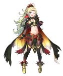  1girl ahoge alternate_costume bangs belt black_gloves blonde_hair cape feather_trim feathers fire_emblem fire_emblem_awakening fire_emblem_heroes flat_chest gloves gold_trim gradient gradient_clothes gradient_hair green_hair hand_up highres jewelry kousei_horiguchi long_hair looking_at_viewer midriff multicolored_hair multiple_belts navel nowi_(fire_emblem) official_art one_eye_closed open_mouth pantyhose parted_bangs pelvic_curtain pointy_ears ponytail purple_eyes smile standing stomach tiara tied_hair transparent_background 