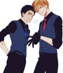  2boys a8fsk6214 adjusting_clothes belt belt_buckle black_gloves black_hair black_pants black_shirt blonde_hair blue_eyes blue_necktie blue_vest buckle buttons commentary_request ear_piercing gloves hand_on_hip heart kasamatsu_yukio kise_ryouta kuroko_no_basuke looking_at_viewer male_focus multiple_boys necktie pants parted_lips piercing red_necktie shirt short_hair sleeves_rolled_up smile vest yellow_eyes 