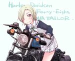  1girl absurdres bangs birthday blonde_hair character_name commentary_request english_text ground_vehicle highres jacket looking_at_viewer love_live! love_live!_nijigasaki_high_school_idol_club love_live!_school_idol_festival_all_stars maruyo mia_taylor motor_vehicle motorcycle purple_eyes riding short_hair smile solo 