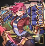  1girl arcane:_league_of_legends arms_up artist_name blue_eyes blush breasts brown_jacket cowboy_shot earrings highres jacket jewelry league_of_legends looking_at_viewer medium_breasts parted_lips pink_hair sagas293 shadow shirt shirt_tucked_in short_hair solo vi_(league_of_legends) white_shirt 
