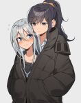  2girls asahina_mafuyu black_coat black_shirt blue_eyes blush breath closed_mouth coat collarbone eyebrows_visible_through_hair grey_background grey_hair long_hair multiple_girls namgic ponytail project_sekai purple_hair shared_coat shirt simple_background sweatdrop symbol-only_commentary yoisaki_kanade yuri 