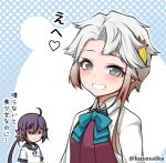  2girls ahoge akebono_(kancolle) akishimo_(kancolle) aqua_bow aqua_bowtie asymmetrical_hair bell bow bowtie brown_hair commentary_request flower gradient_hair grey_hair grin hair_bell hair_flower hair_ornament halterneck jingle_bell kantai_collection leaf_hair_ornament long_sleeves multicolored_hair multiple_girls partial_commentary school_uniform serafuku shirt short_hair short_hair_with_long_locks side_ponytail silver_hair smile solo_focus translation_request twitter_username upper_body white_shirt yuki_to_hana 